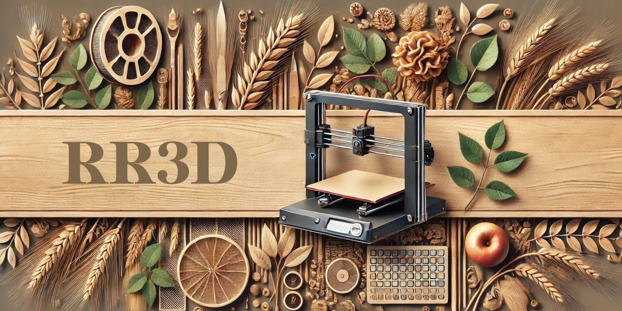 Original RuralRoots3D brand artwork with natural materials and a 3D printer