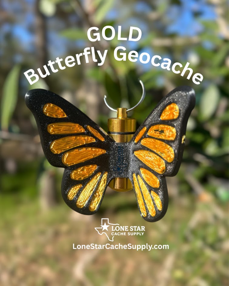 Gold-and-black butterfly geocache from Lone Star Cache Supply
