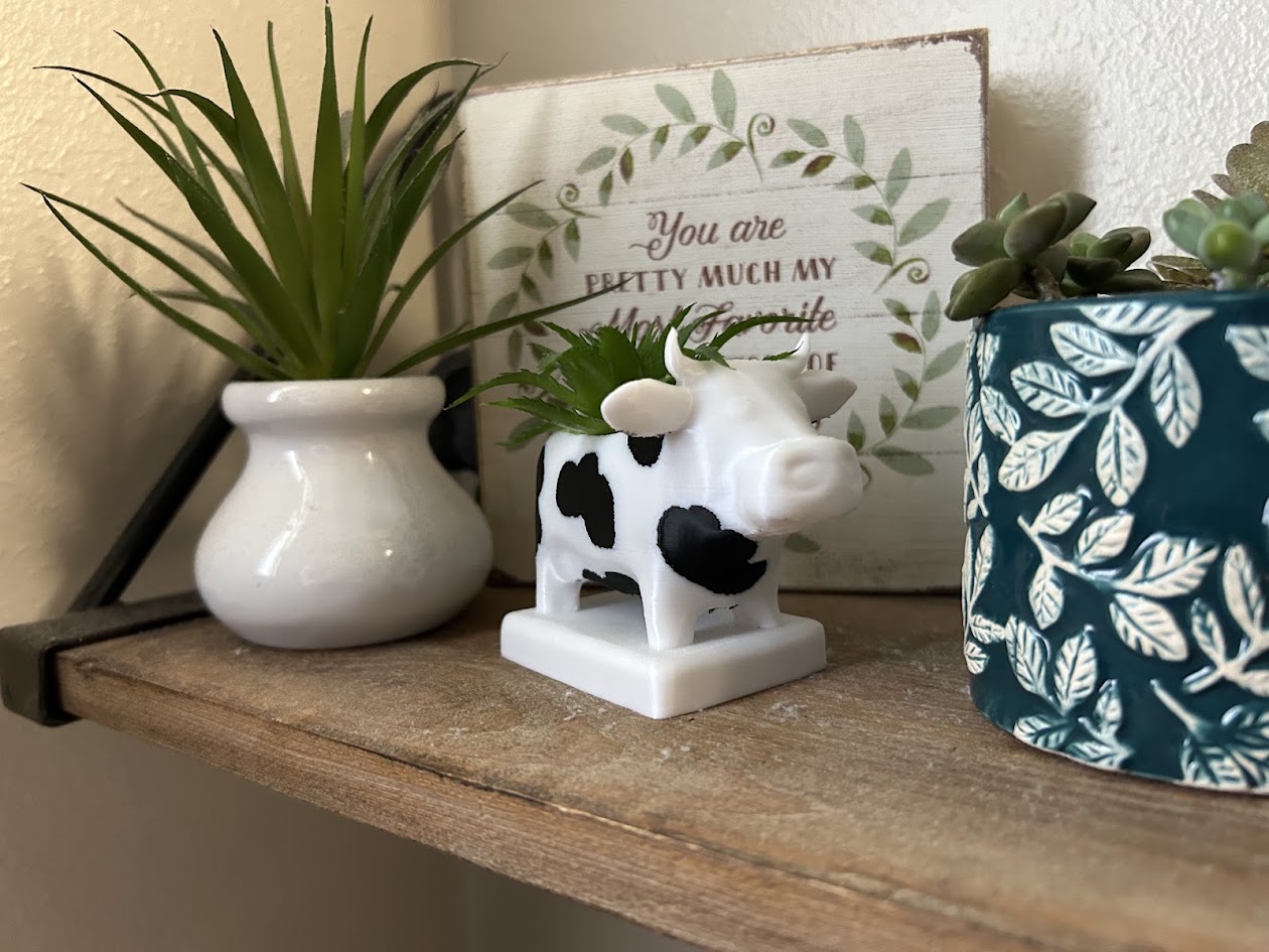 Black-and-white 3D-printed cow planter holding a small plant