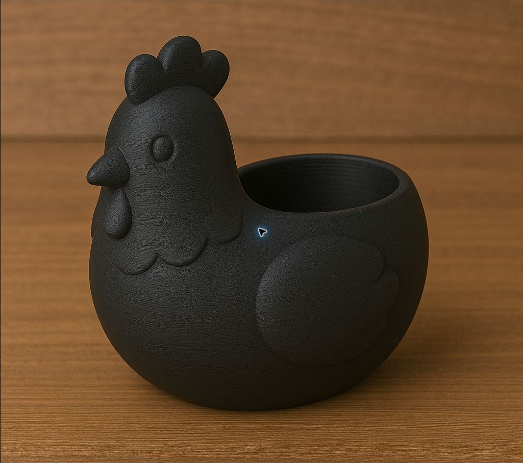 Black 3D-printed chicken planter