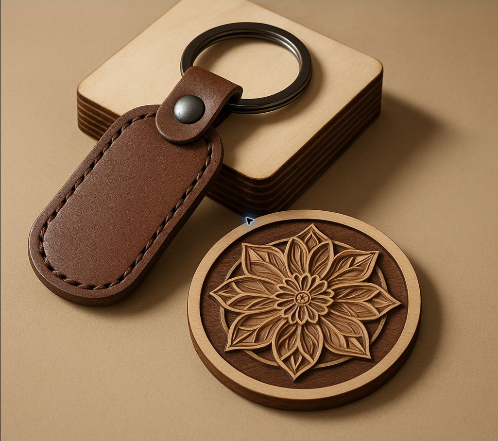 Leather keychain and engraved wooden medallion
